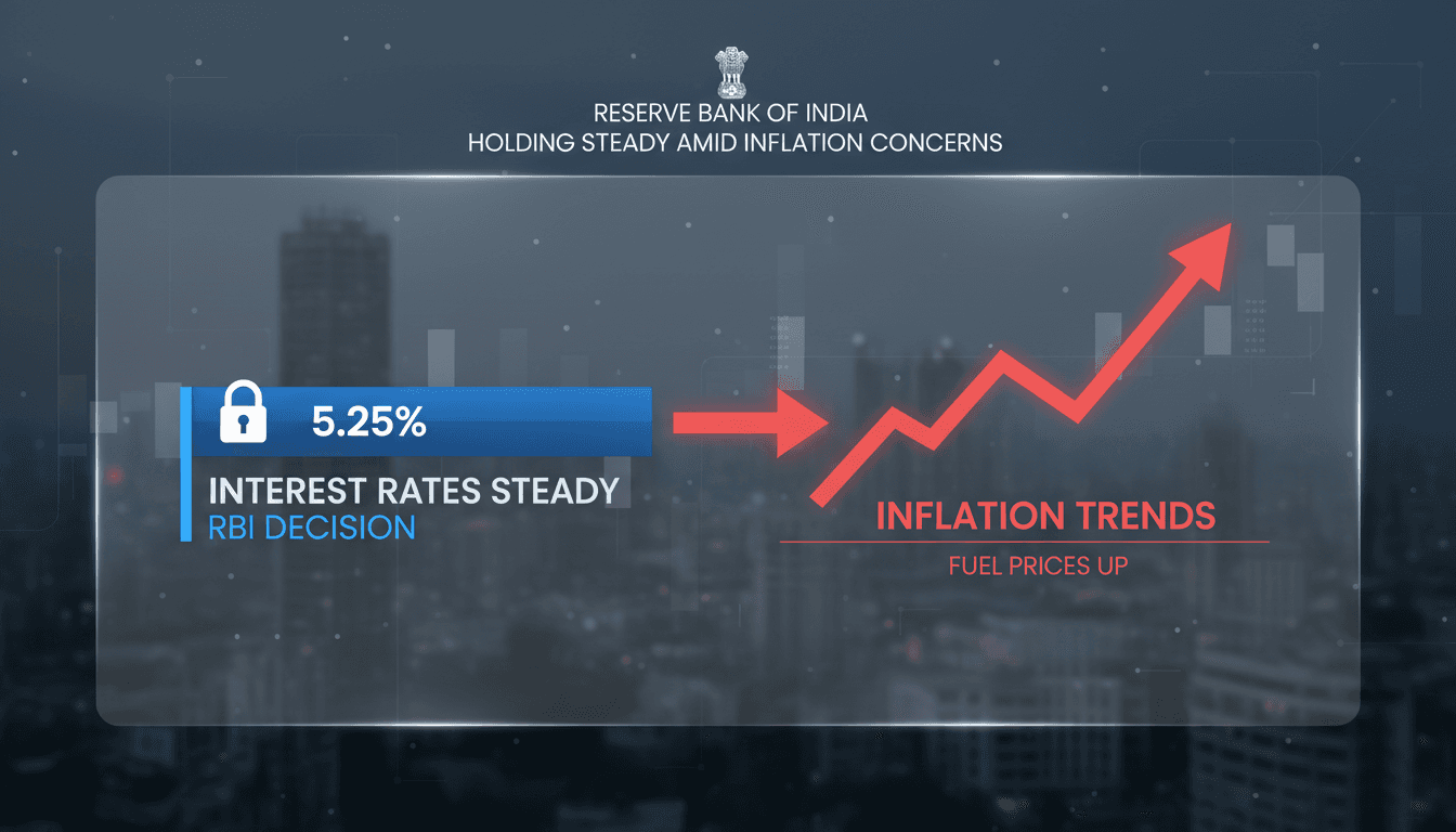 Reserve Bank of India building with financial graphs in the background.