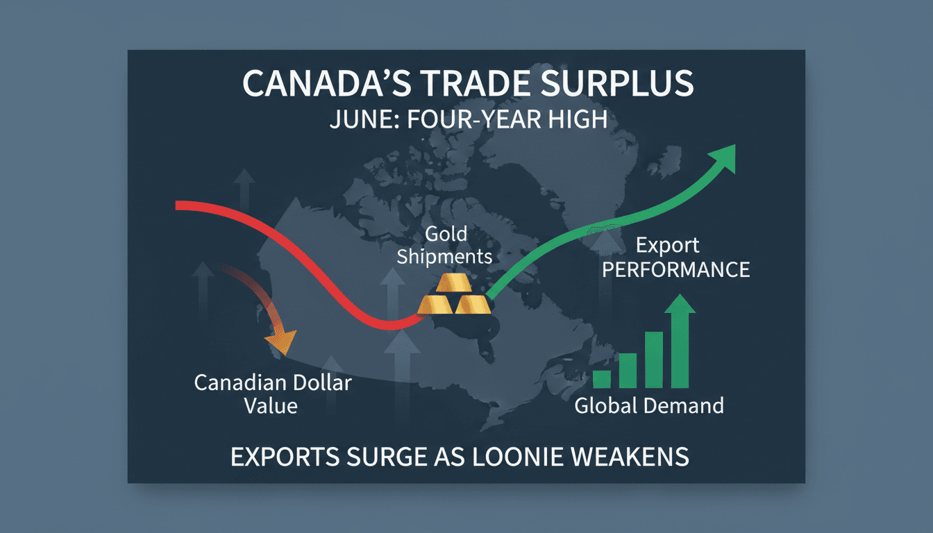 Graph showing Canada's trade surplus growth and export trends in June.