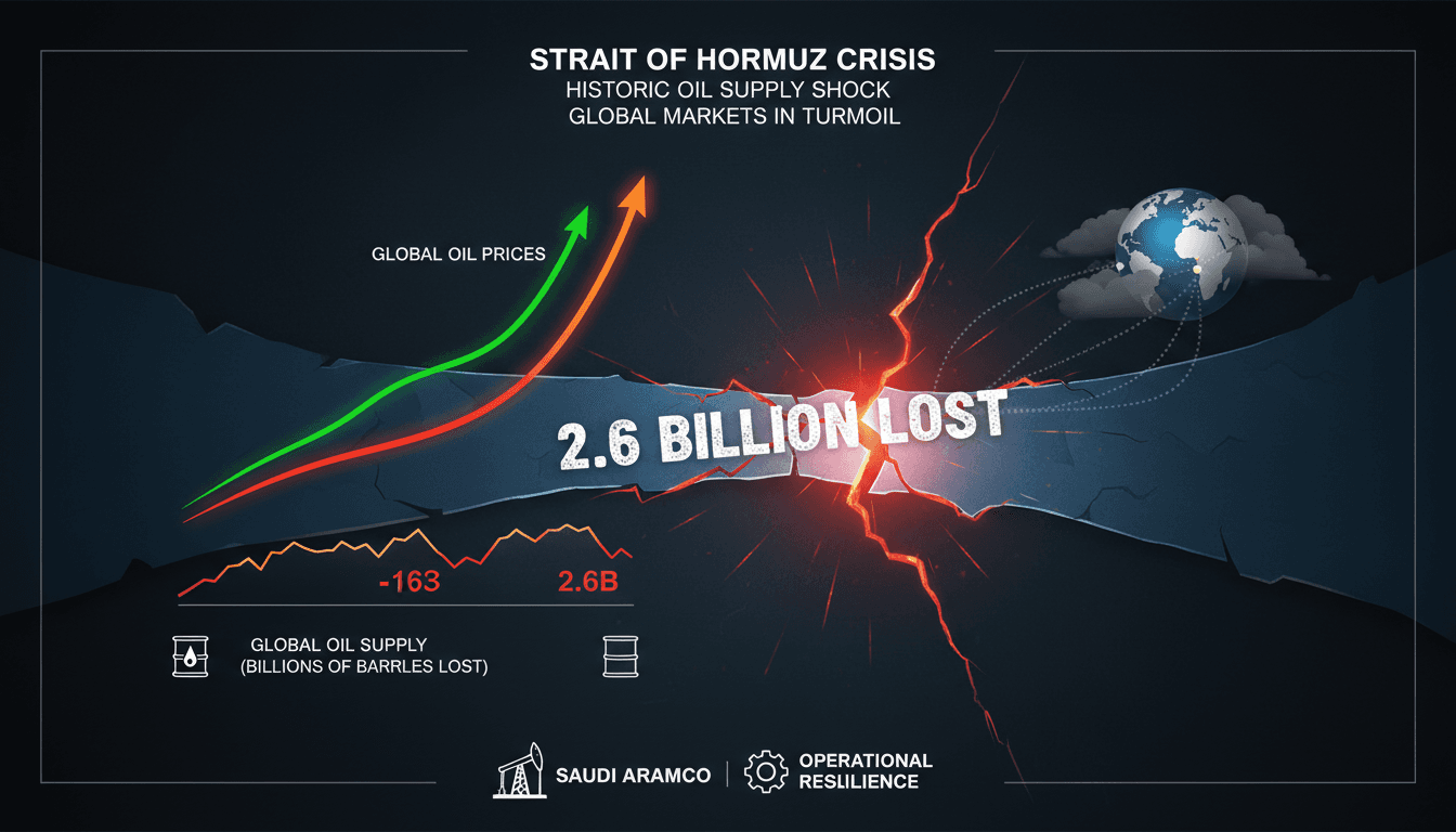 Infographic showing the impact of the Strait of Hormuz crisis on global oil supply and prices.