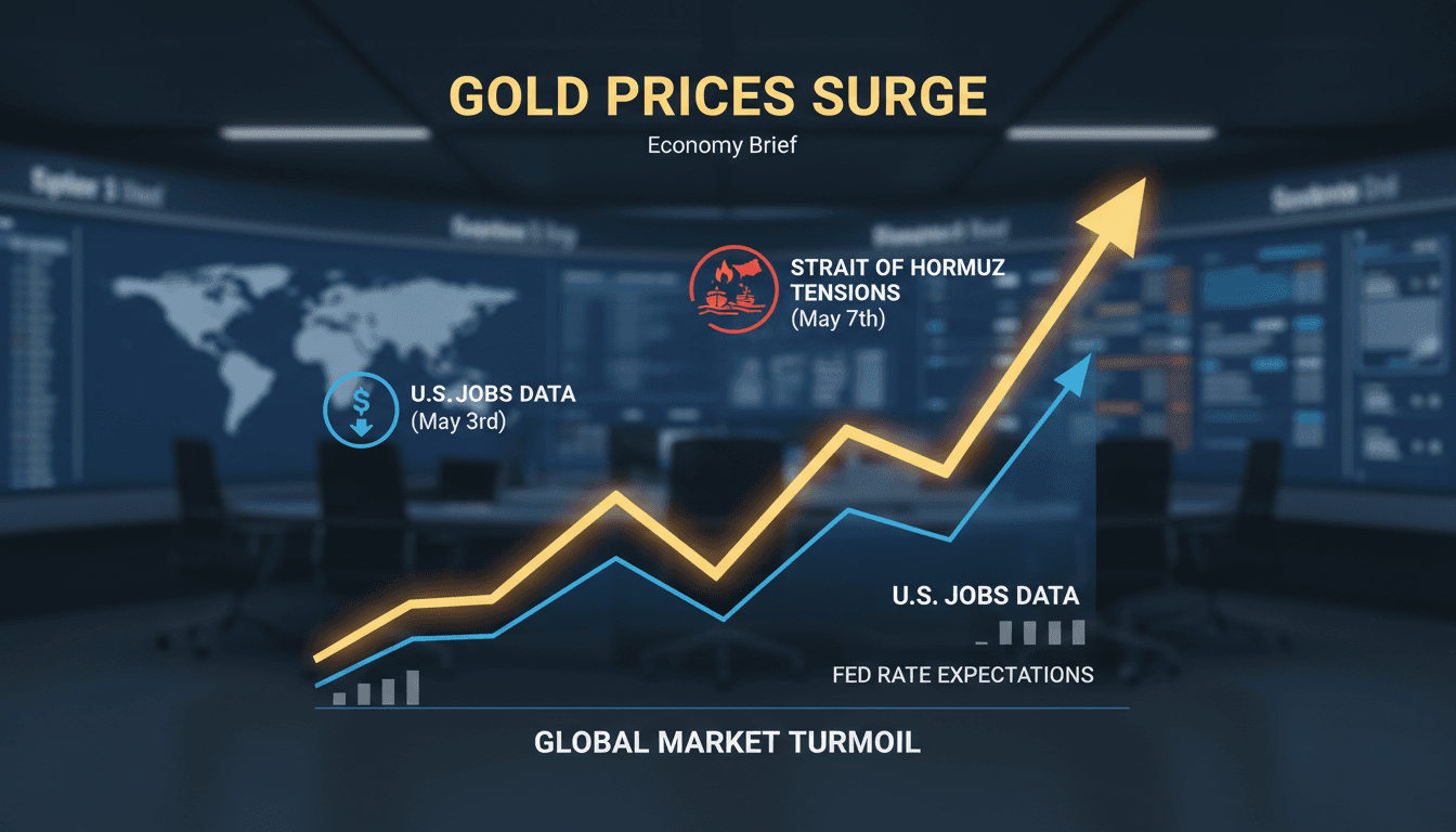 Gold bars with a backdrop of economic data and geopolitical maps.