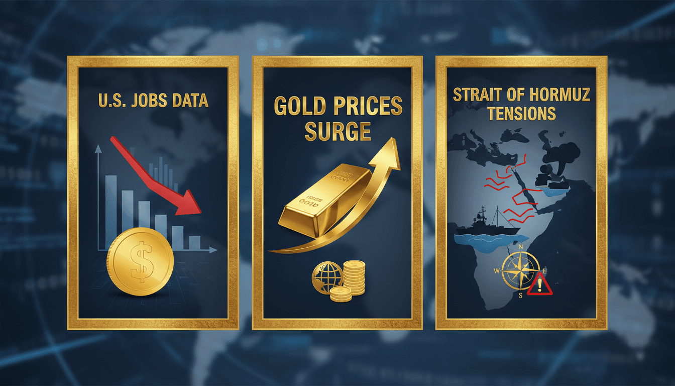 Gold bars with a backdrop of financial data and geopolitical maps.