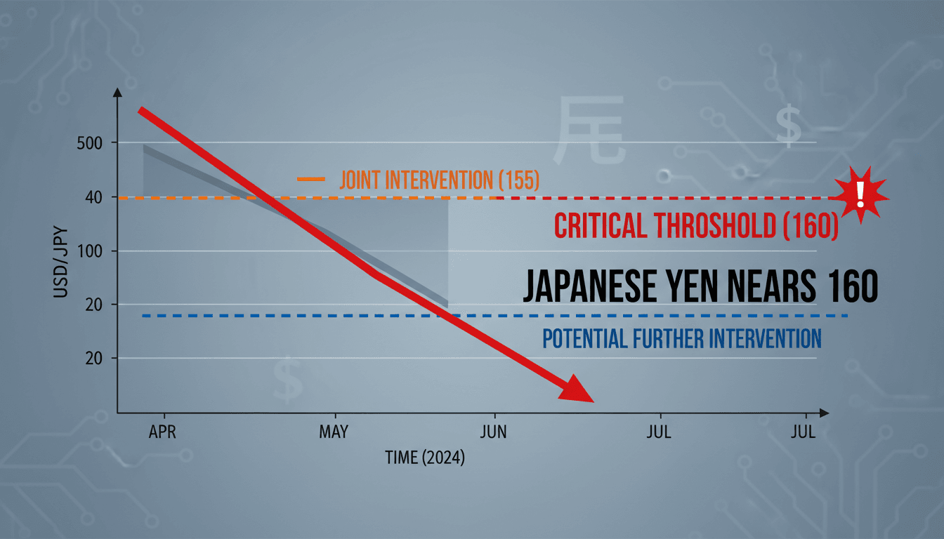 Graph showing the Japanese yen's decline towards 160 per dollar threshold.