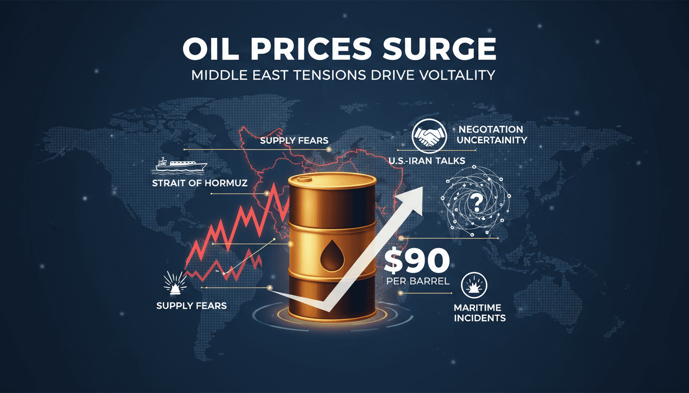 Oil prices surge towards $90 per barrel amid geopolitical concerns.