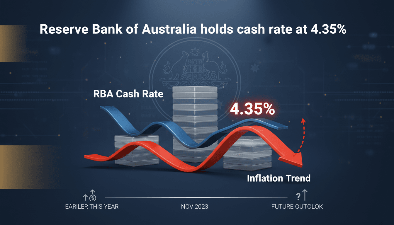 Reserve Bank of Australia building with financial graphs overlay