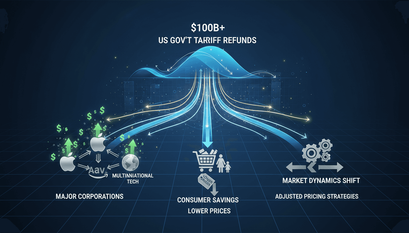 A graphic showing the impact of tariff refunds on major companies and consumers.