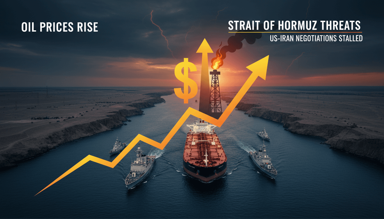 A visual representation of rising oil prices with the Strait of Hormuz in the background.