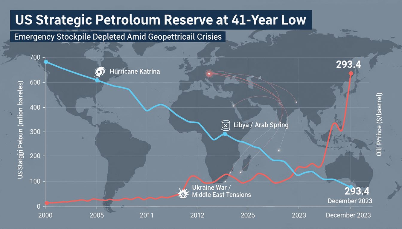 A graph showing the decline of the US Strategic Petroleum Reserve with geopolitical events and oil price trends.
