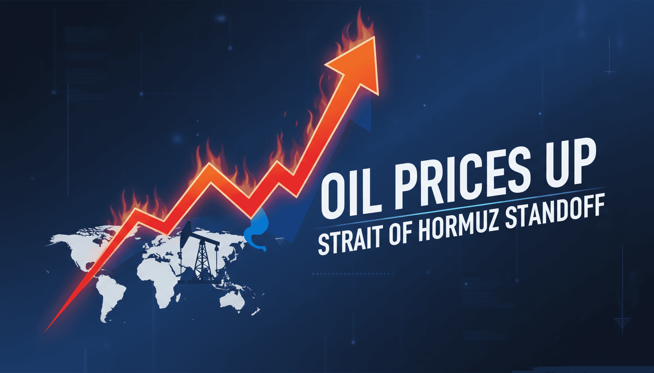 A graphic illustrating rising oil prices and the strategic Strait of Hormuz amidst U.S.-Iran tensions.