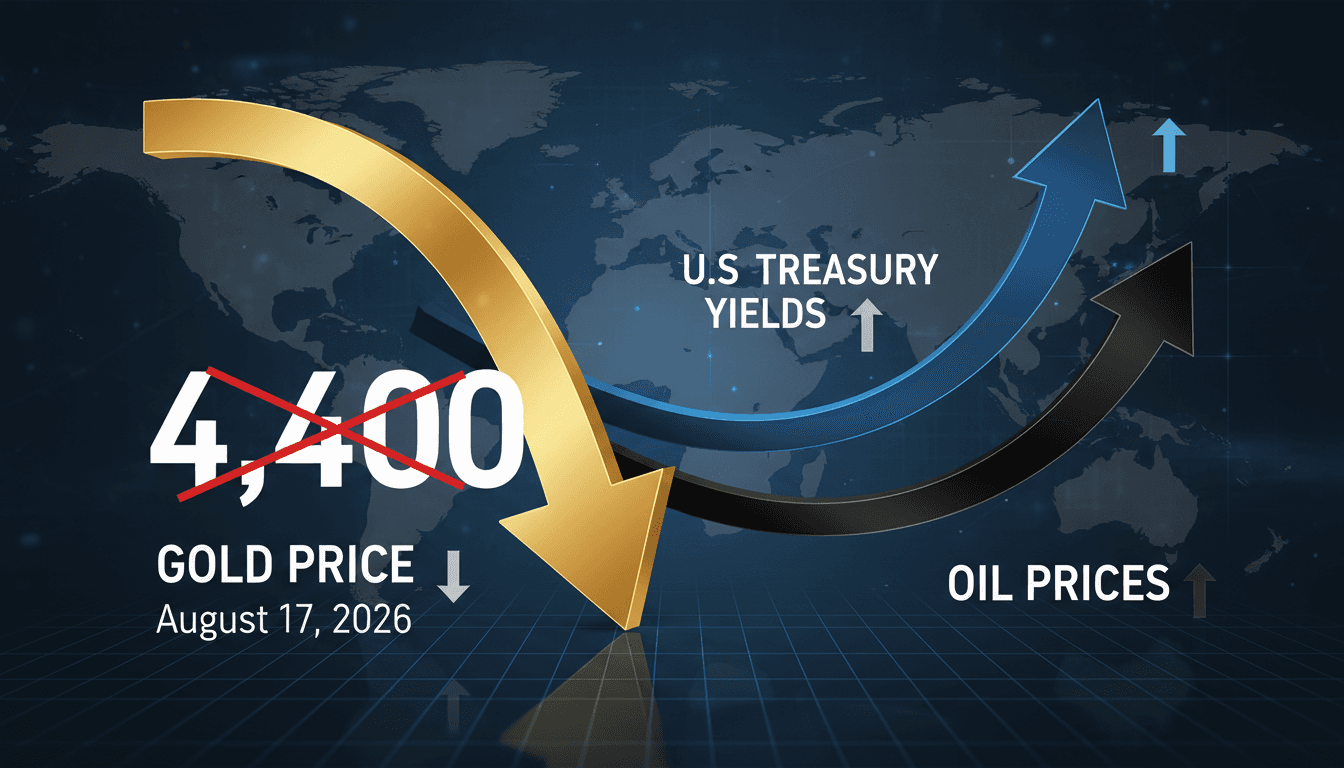 A graph illustrating the decline in gold prices below $4,400 amid rising Treasury yields and oil prices.