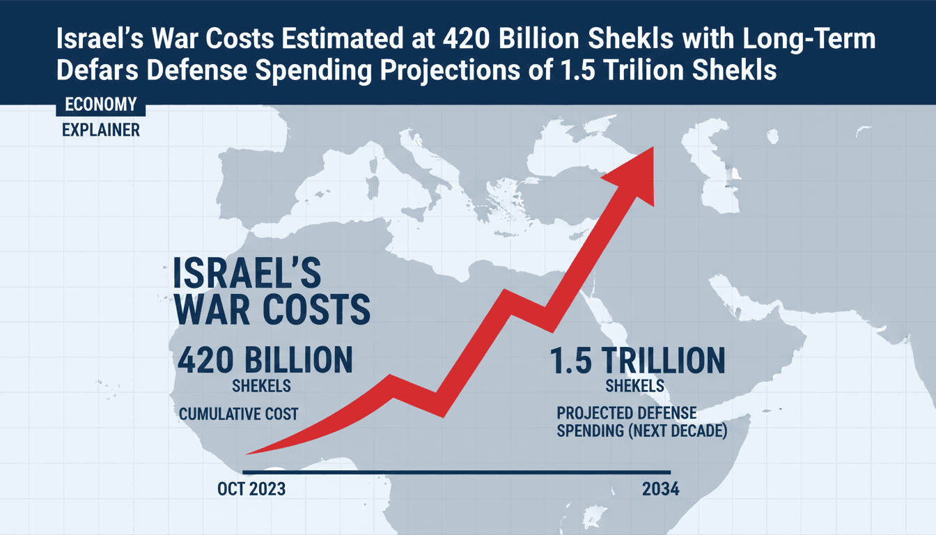 Infographic showing Israel's escalating war costs and projected defense spending over the next decade.