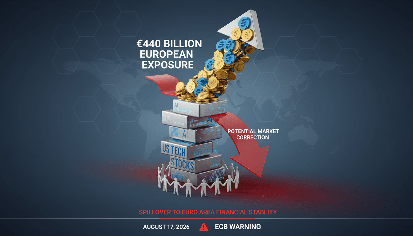 Infographic showing European household exposure to US tech stocks and potential market correction scenarios.