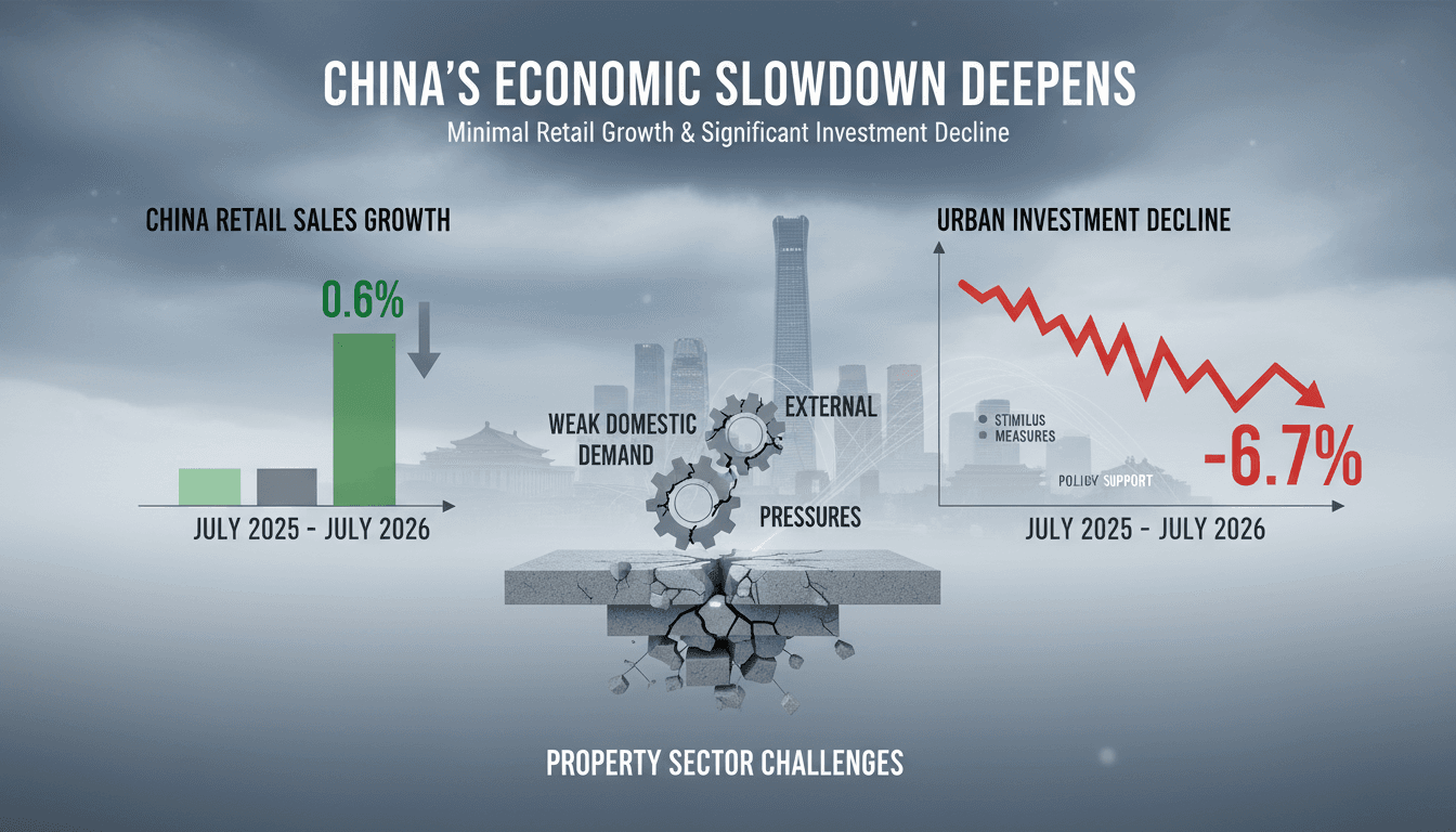 Infographic illustrating China's retail sales growth and investment trends in July 2026.