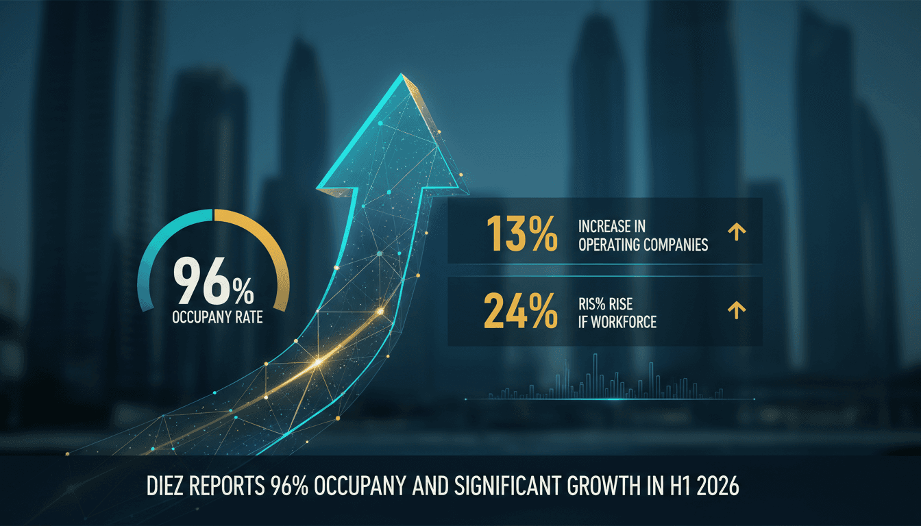 Infographic showing DIEZ's 96% occupancy rate and growth in companies and workforce in Dubai.