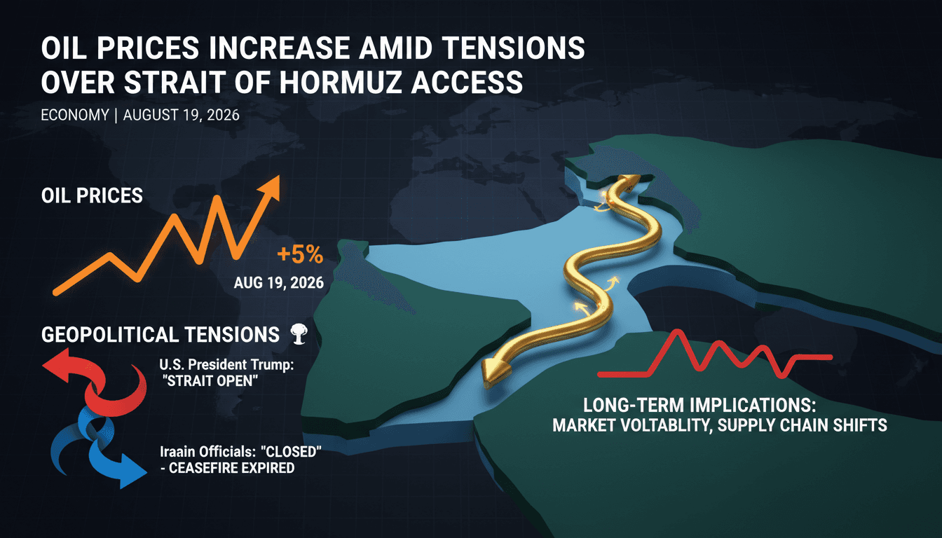 Infographic showing oil price trends and geopolitical tensions in the Strait of Hormuz.