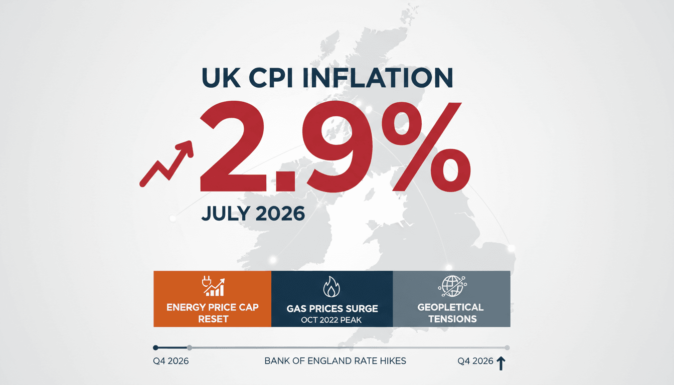 Infographic showing UK July 2026 CPI inflation rate of 2.9% and its drivers, including energy prices.