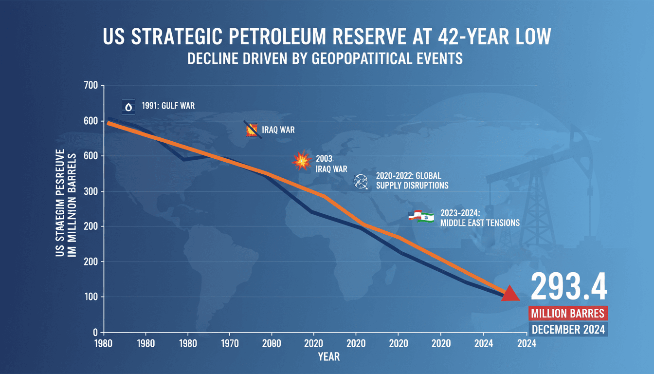 Infographic showing the decline of the US Strategic Petroleum Reserve and its implications for global oil prices.
