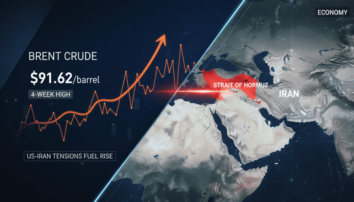 A graph illustrating the rise in Brent crude prices amid US-Iran tensions over the Strait of Hormuz.