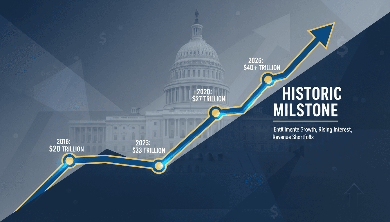 Infographic showing the growth of U.S. national debt, highlighting the $40 trillion milestone and its implications.