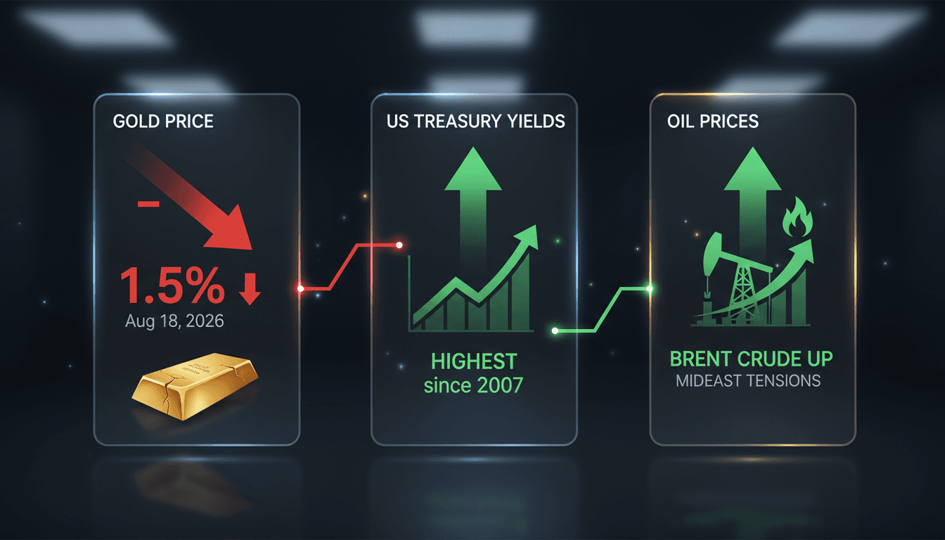 A graph illustrating the decline in gold prices alongside rising Treasury yields and oil prices.