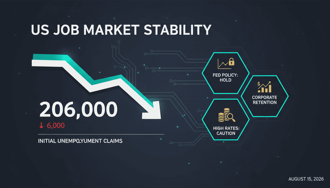 A graphic illustrating the decline in US unemployment claims to 206,000, highlighting labor market trends.