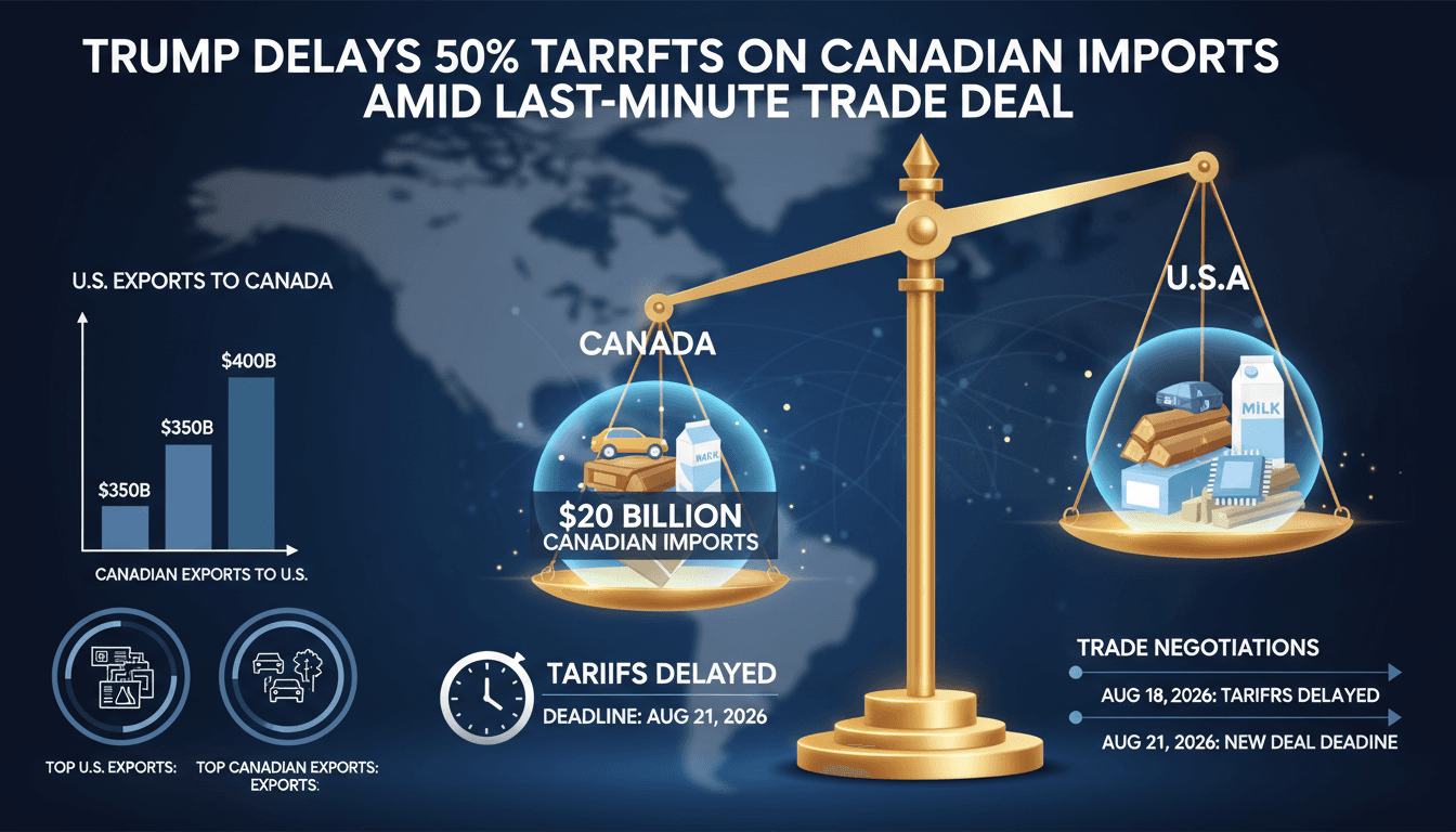 Infographic showing $20 billion in Canadian imports affected by Trump's tariff delay and key trade statistics.