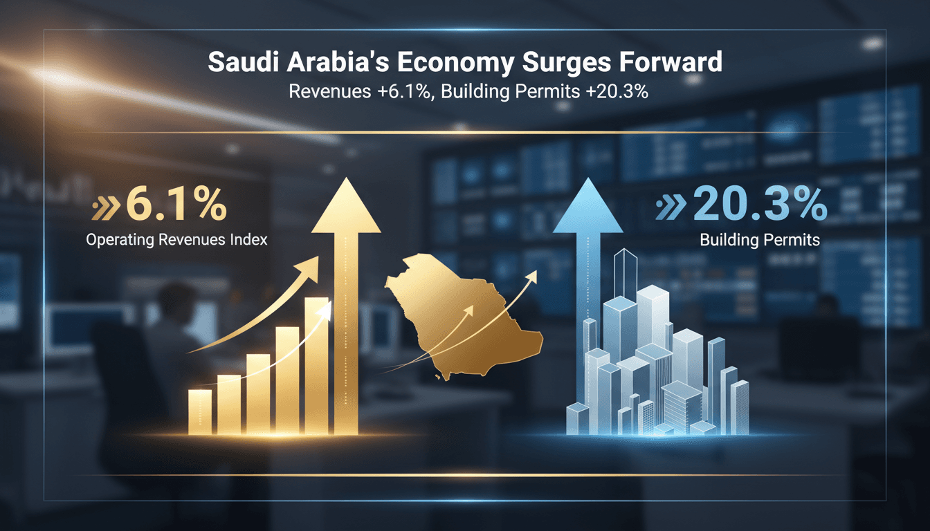 Infographic illustrating Saudi Arabia's 6.1% revenue growth and 20.3% increase in building permits.