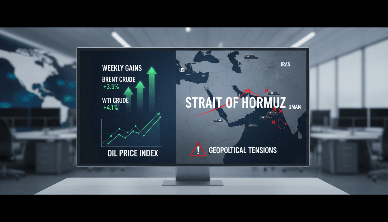 Infographic showing oil price gains and map of the Strait of Hormuz amidst US-Iran tensions.