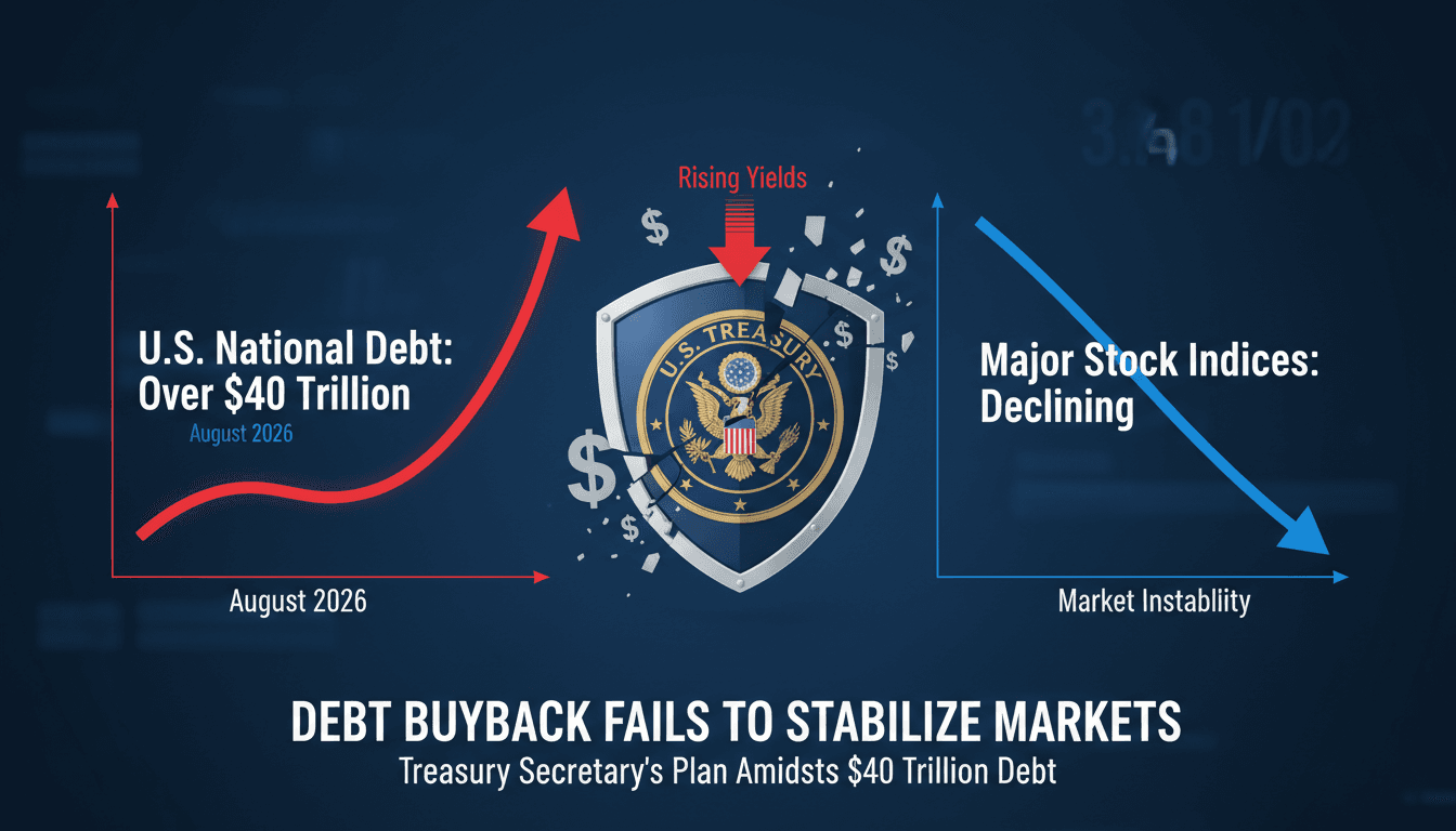 Infographic showing U.S. national debt and stock market performance trends related to Treasury buyback announcements.
