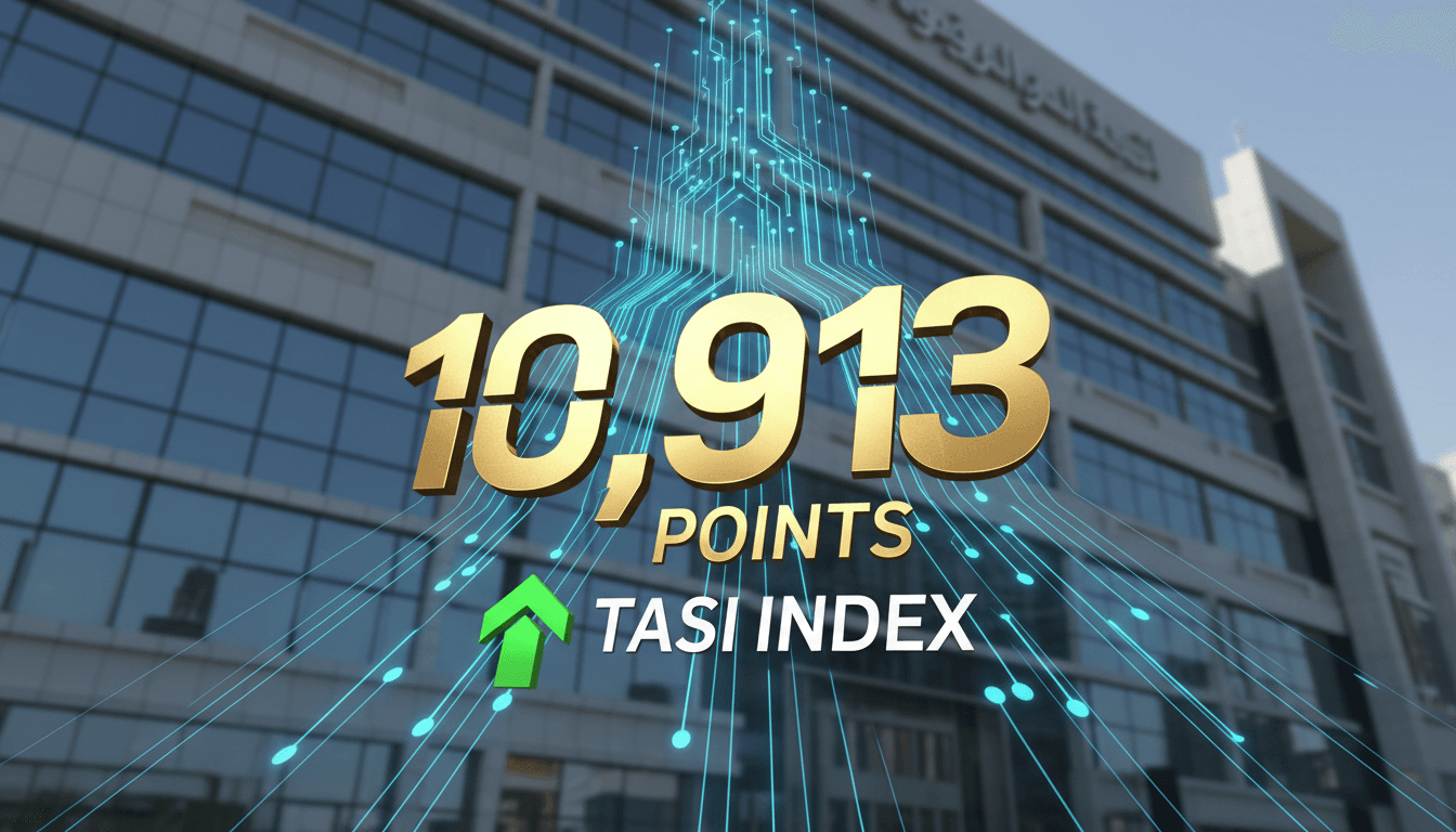A graphic showing the TASI index at 10,913 points with the Tadawul exchange in the background.
