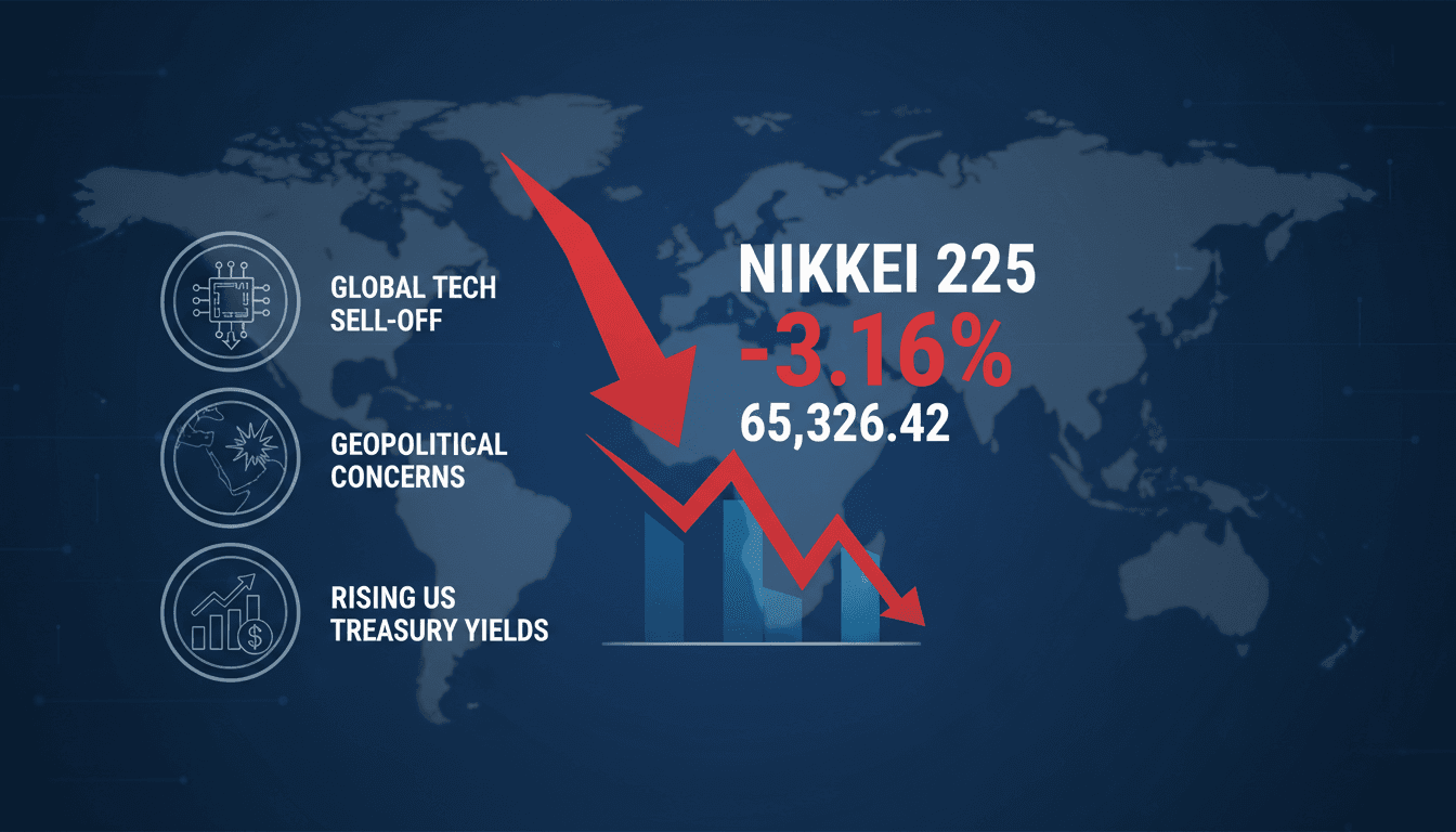 A graph illustrating the Nikkei 225's decline due to global technology sector sell-off.