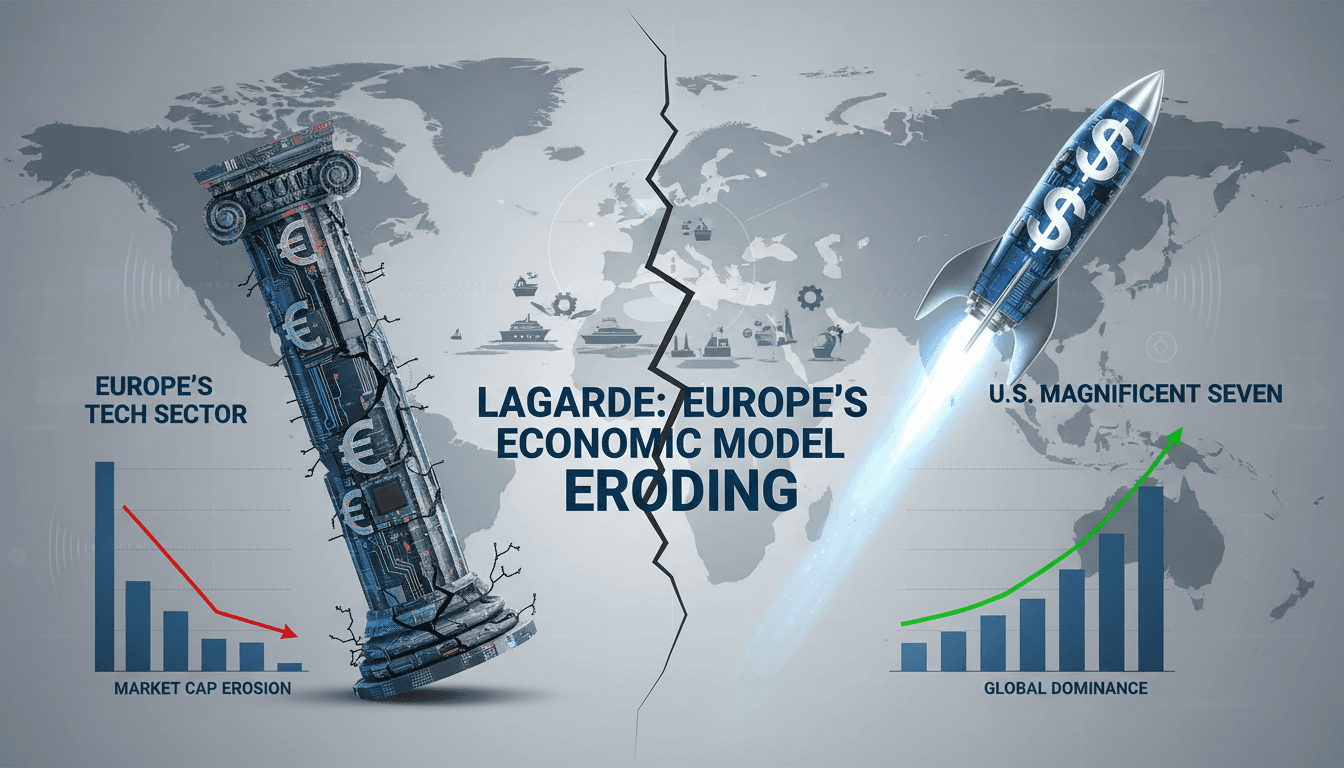 A graphic comparing Europe's tech market cap to the U.S. Magnificent Seven, highlighting economic challenges.
