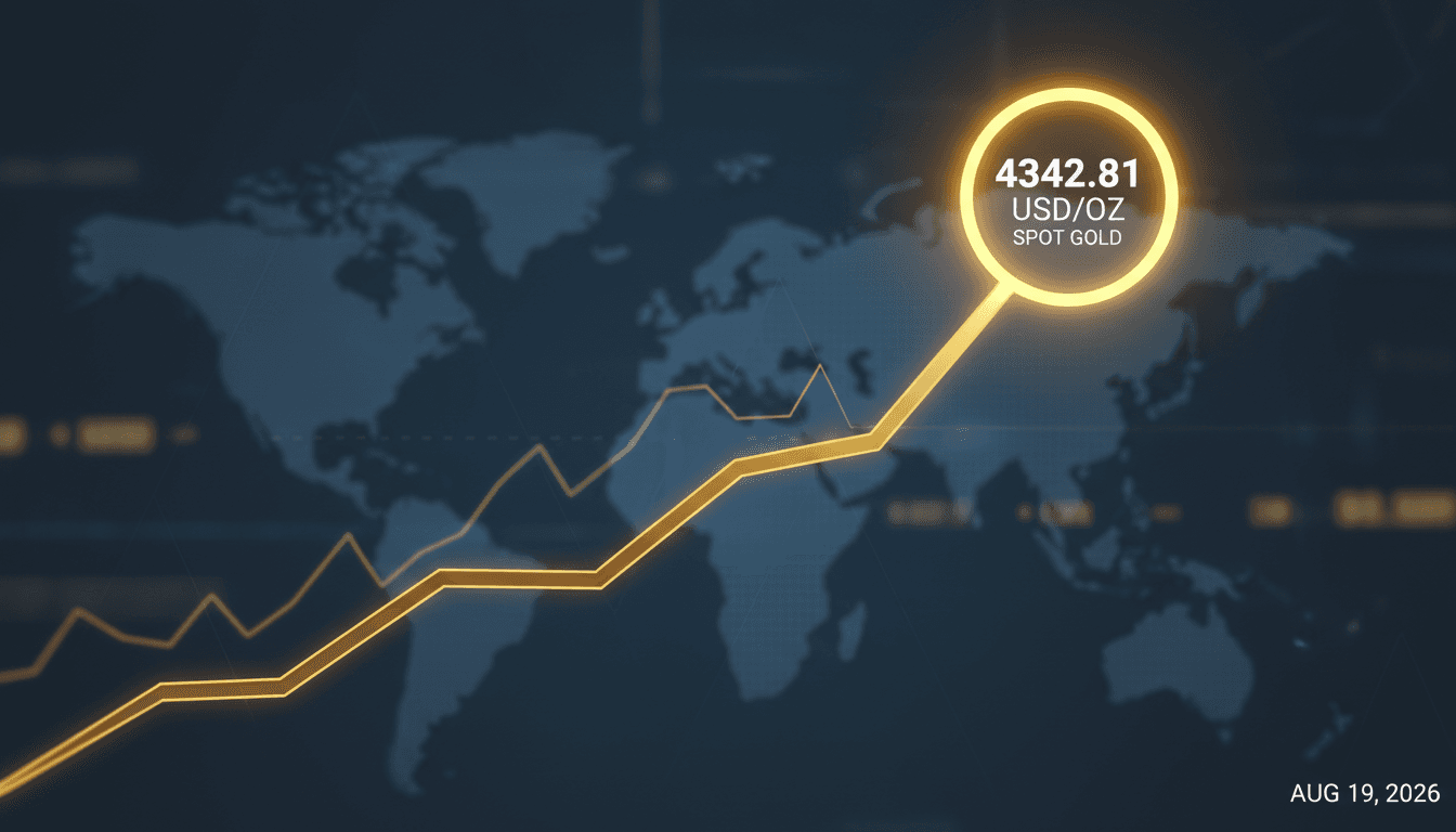 A graphic showing the rising trend of spot gold prices with the current price highlighted.