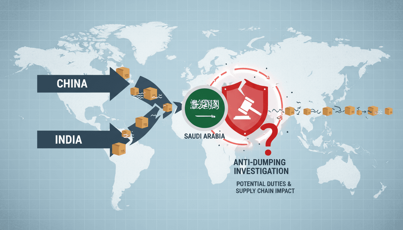 Infographic showing the flow of cardboard imports from China and India to Saudi Arabia, highlighting the anti-dumping investigation's impact.