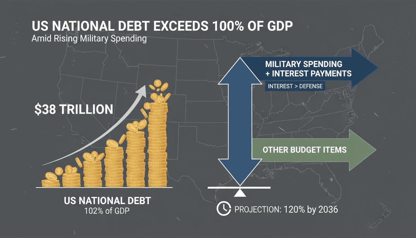 Infographic showing the rise of US national debt and military spending, highlighting economic implications.