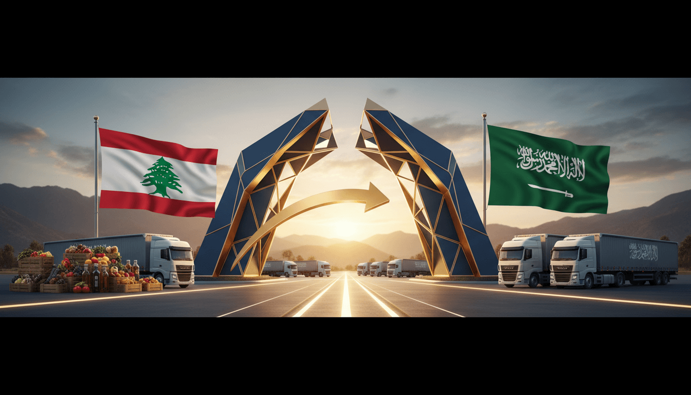 A visual of the Masnaa border crossing with flags representing Saudi Arabia and Lebanon, highlighting the resumption of trade.