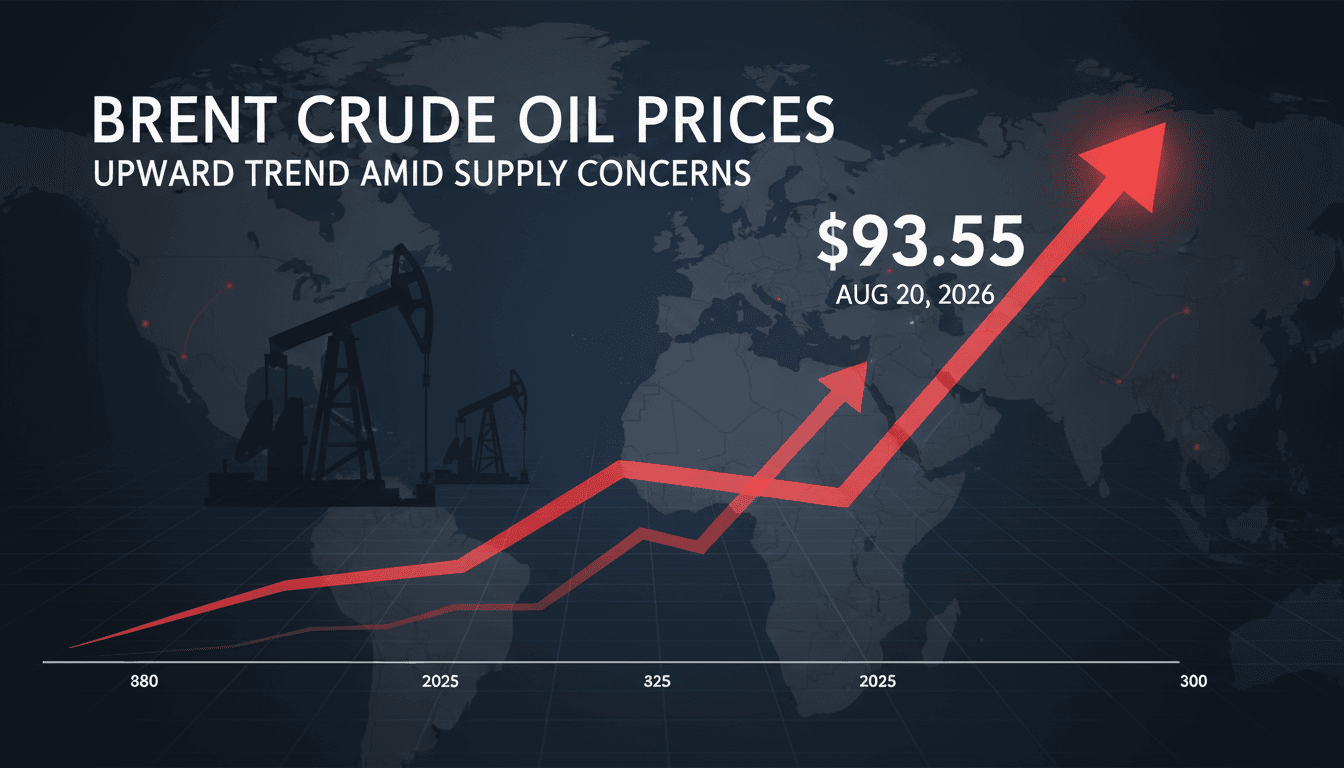 A graph depicting the rise of Brent crude oil prices, emphasizing the $93.55 mark amid geopolitical tensions.