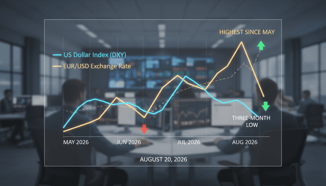 A chart showing the US dollar index and euro exchange rates, highlighting recent fluctuations.