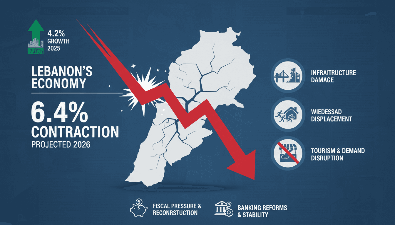 Infographic showing Lebanon's projected economic contraction and key factors influencing the downturn.