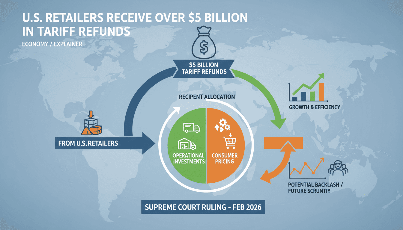 Infographic showing the distribution of tariff refunds among major U.S. retailers and their impact on consumer prices.