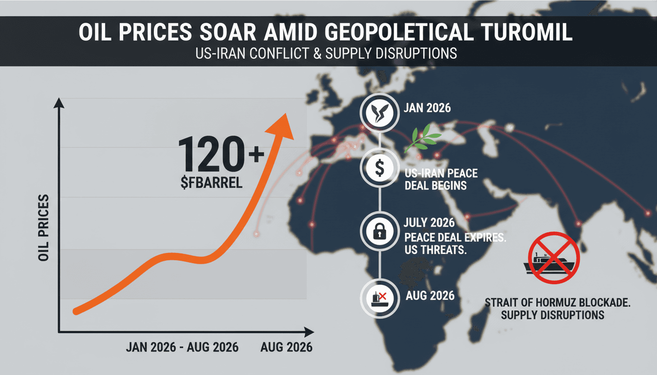 A graph illustrating the rise in oil prices due to the US-Iran conflict, highlighting Brent and WTI benchmarks.