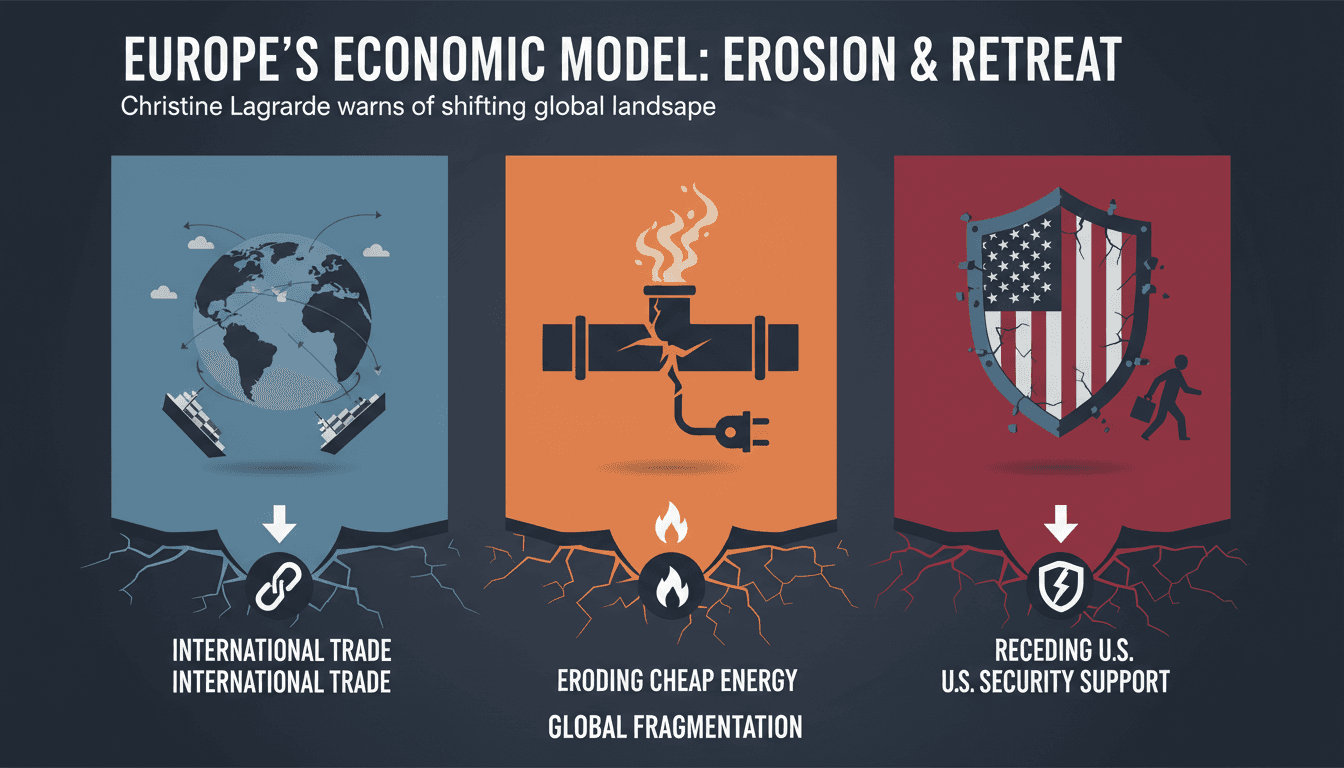Infographic showing the three pillars of Europe's economic model and their current challenges.