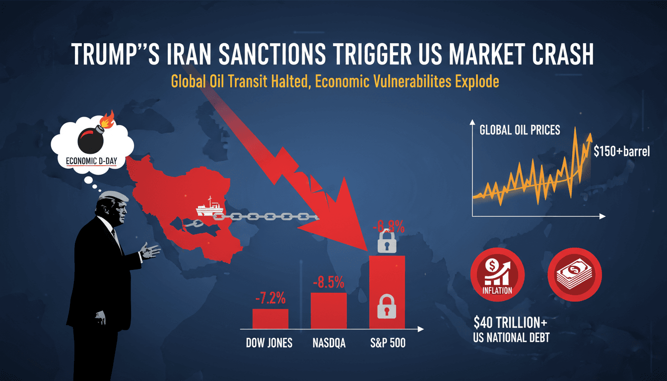 Infographic showing the impact of Trump's economic sanctions on US markets and global oil prices.
