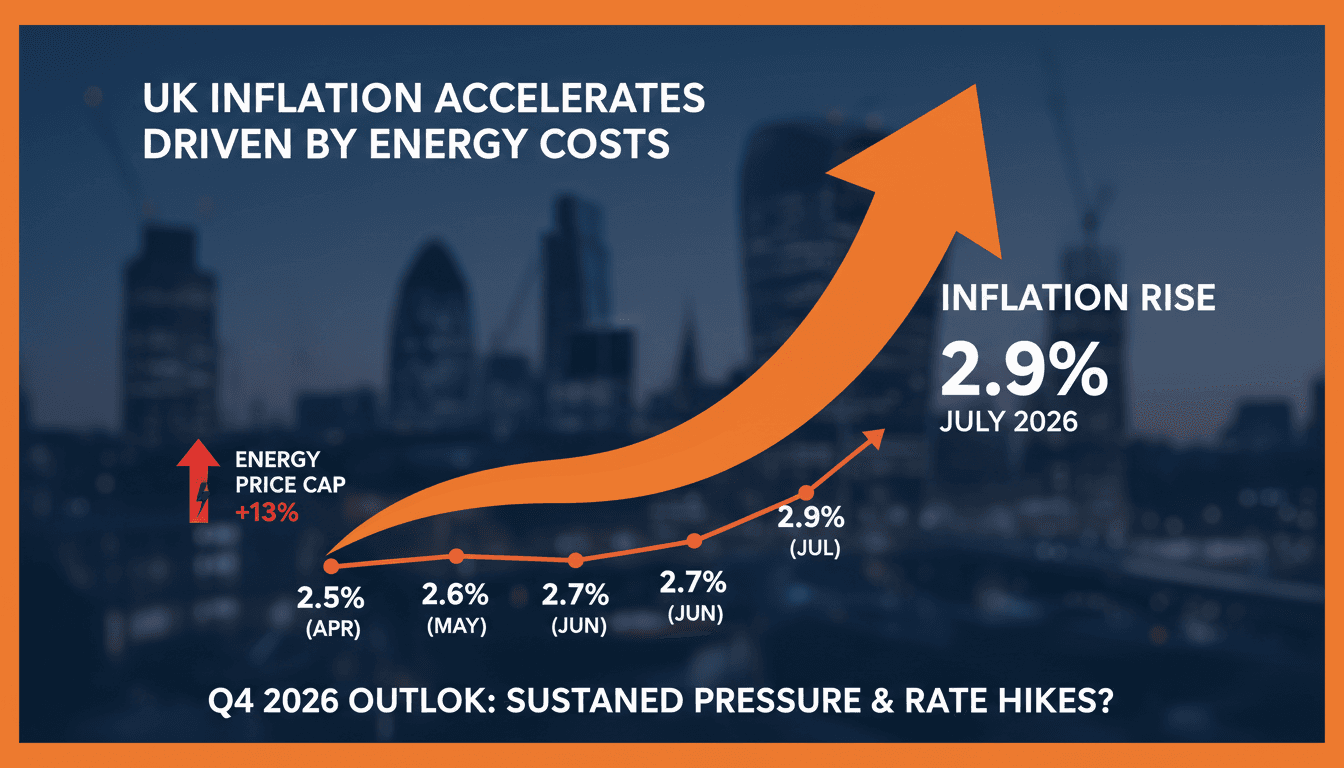 Infographic showing UK inflation rates and energy price changes for July 2026.