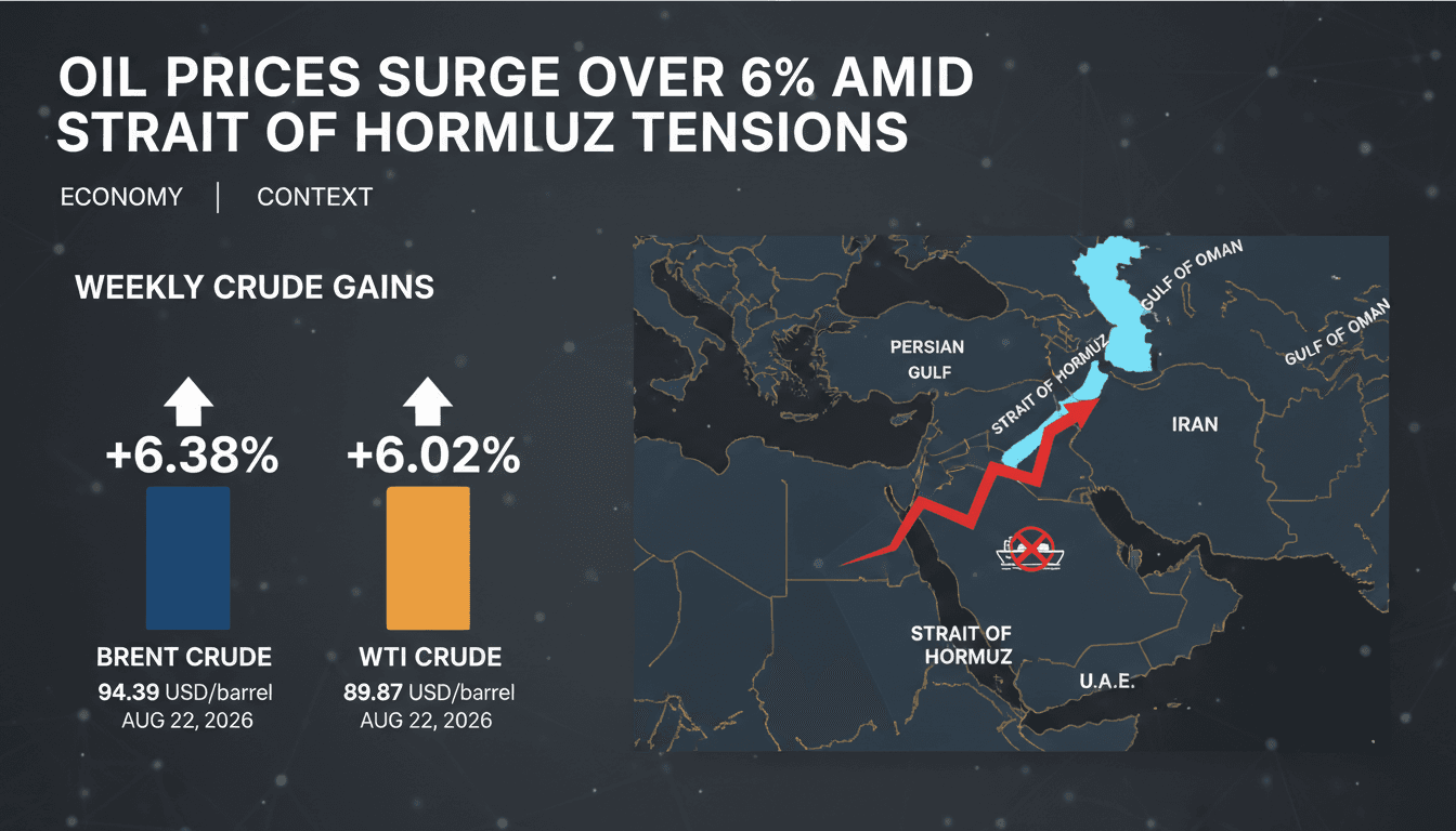 A graphic showing the rise in oil prices with a map of the Strait of Hormuz and key statistics.