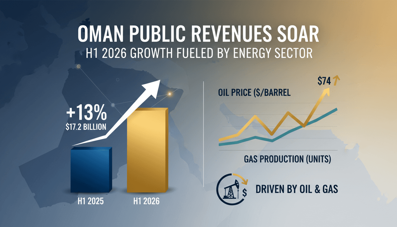 Infographic showing Oman’s public revenue growth and oil price trends in 2026.
