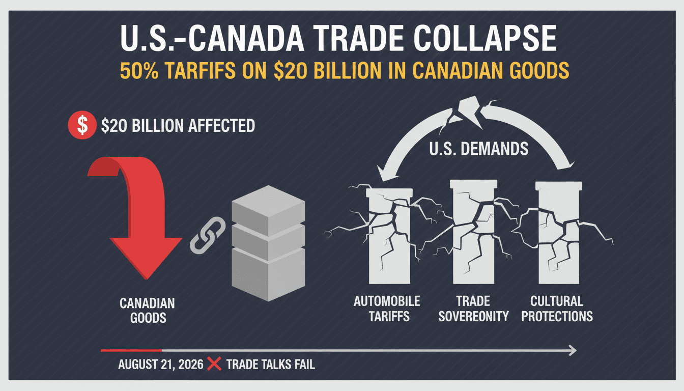 Infographic showing $20 billion in Canadian goods affected by new tariffs and key issues from the trade negotiations collapse.