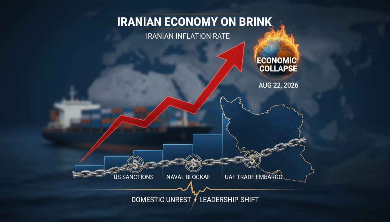 Infographic illustrating Iran's economic crisis, highlighting inflation rates and US sanctions impact.
