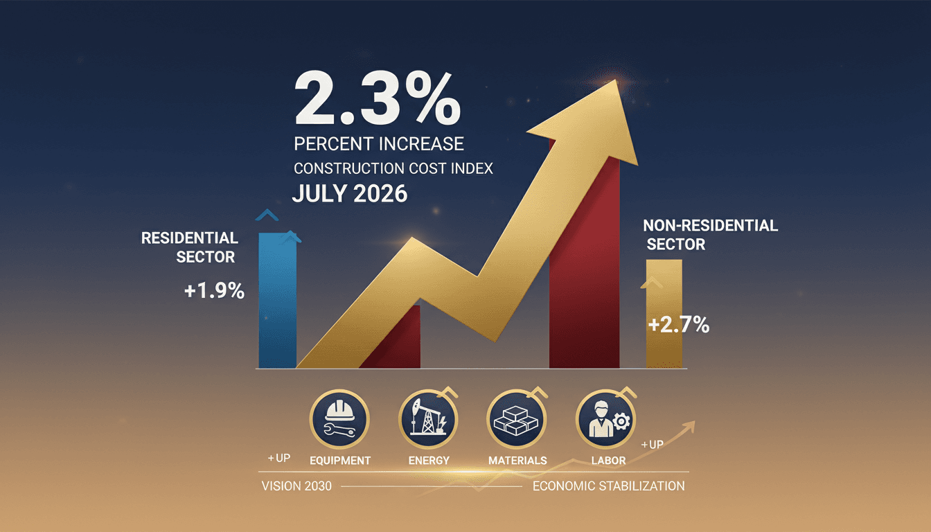 Infographic showing the 2.3% increase in Saudi Arabia's construction costs with sector breakdowns.