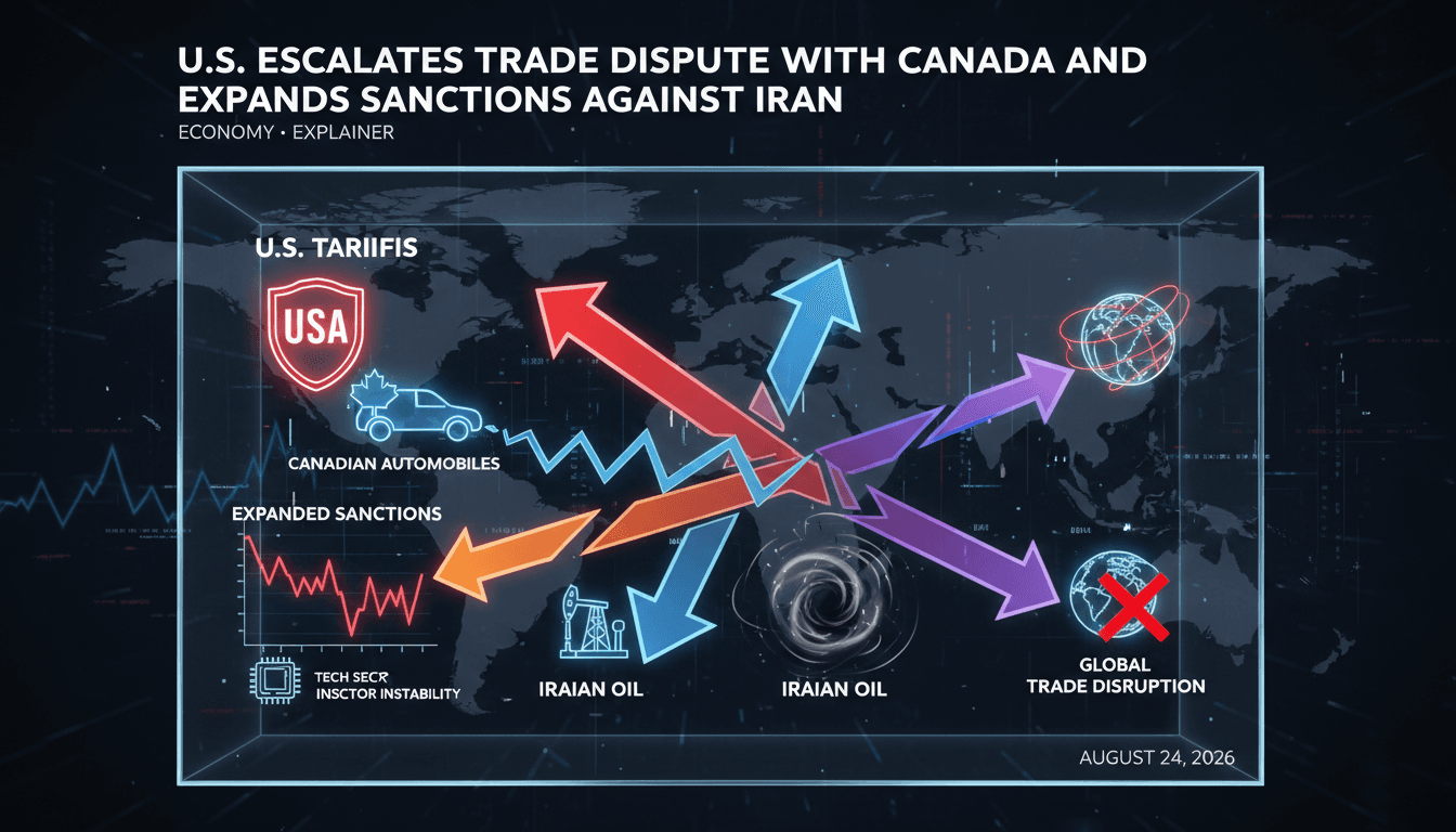 Infographic showing U.S. tariffs on Canada and sanctions on Iran, highlighting market impacts and trade dynamics.