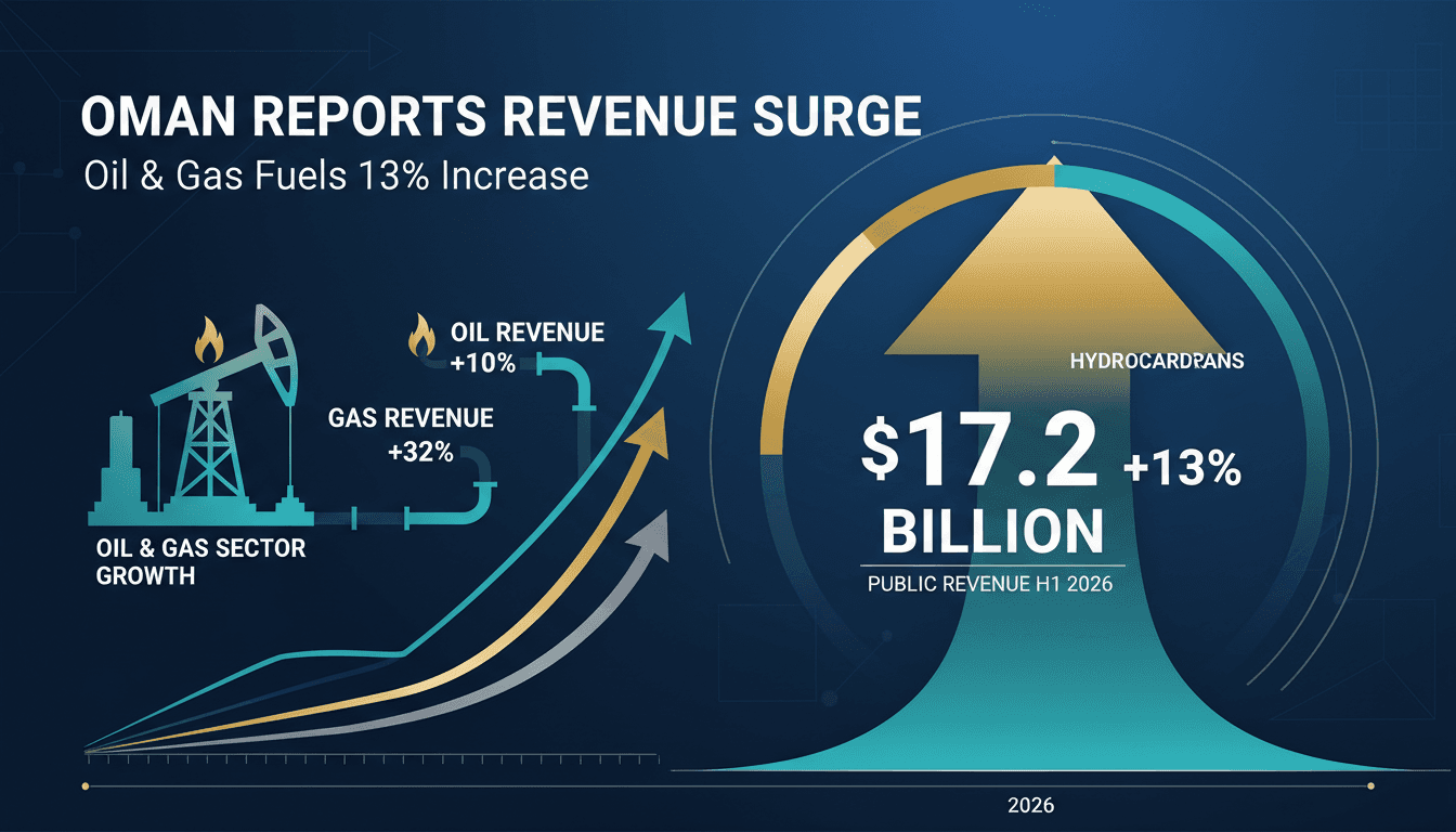 Infographic illustrating Oman's 13% revenue growth in H1 2026, highlighting oil and gas sector performance.